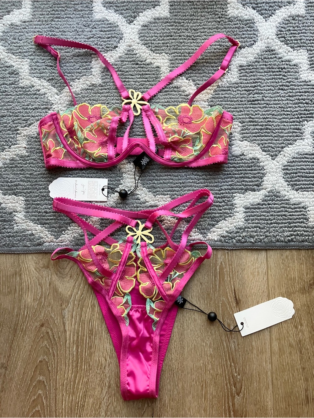 For Love & Lemons Hot Pink Floral Embroidered Lace Bra & Thong Set
